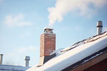 chimney on snowy roof with smoke drifting in cold air - obrazy, fototapety, plakaty