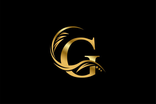 Gold letter G logo design with beautiful leaf, flower and feather ornaments. initial letter G. monogram G flourish. suitable for logos for boutiques, businesses, companies, beauty, offices, spas, etc