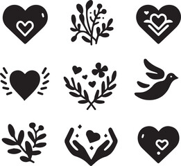 Black silhouette heart flat icon set isolated on white for Health care, wedding, Valentine day card. - obrazy, fototapety, plakaty