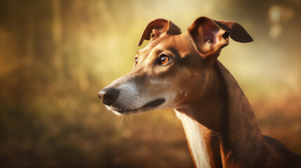 Obraz premium A close-up portrait of an attentive brown dog in golden-hour light.