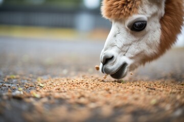 alpaca munching on grain pellets - obrazy, fototapety, plakaty