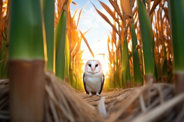 barn owl between rows of corn at sunset