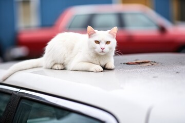 white cat lounging on a warm car hood