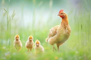 mother hen leading chicks across grass