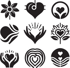Black silhouette heart flat icon set isolated on white for Health care, wedding, Valentine day card.