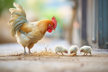 chicks pecking at grains with mother hen watching