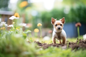 small terrier digging in a garden patch