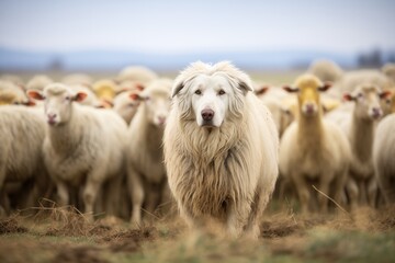 Obraz premium maremma sheepdog standing amidst a flock of sheep