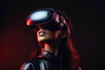 Beautiful young woman wearing virtual reality goggles. Future technology concept, A young woman using a virtual reality headset embodies the future technology concept in a doubl, AI Generated