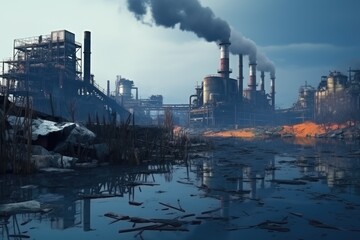 Industrial landscape with smokestacks. 3d render, Abandoned factory in the middle of the river, Concept of environmental pollution, AI Generated