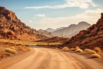 Road in the desert of Negev, Israel. Filtered image processed vintage effect, Adventure desert road explore vibe, AI Generated - obrazy, fototapety, plakaty