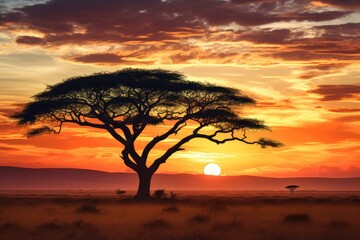 African savannah sunset with acacia trees in Serengeti National Park, Tanzania, African savannah scene with acacia trees during sunset in Serengeti National Park, Tanzania, AI Generated - obrazy, fototapety, plakaty