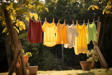 Laundry hanging on the clothesline in the garden, stock photo, After being washed, children's colorful clothing dries on a clothesline in the yard outside in the sunlight, AI Generated