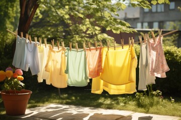 Laundry drying on clothesline in summer garden. Laundry day, After being washed, children's colorful clothing dries on a clothesline in the yard outside in the sunlight, AI Generated