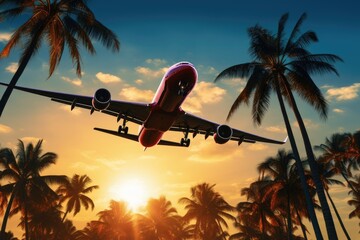 Naklejka premium Airplane flying over palm trees at sunset. Travel and vacation concept, Airplane flying above palm trees in a clear sunset sky with sun rays, AI Generated