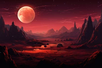 Fototapete Bordeaux Fantasy alien planet. Mountain and lake. 3D illustration, Alien planet landscape for a space game background, AI Generated