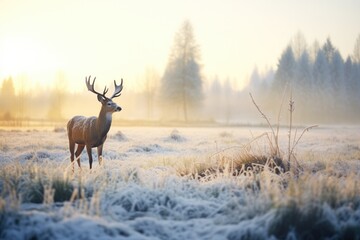 frost-covered elk in a snowy meadow at dawn