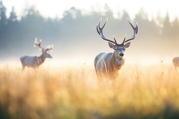 Naklejka na ściany i meble elks breath visible in a chilly meadow morning