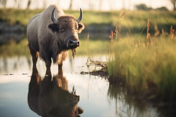 buffalo beside a natural prairie pond