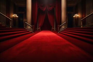 Red carpet in the interior of the theater with a red curtain, An empty red carpet, AI Generated