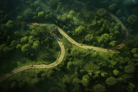 Aerial view of a road in a green forest in the morning, An aerial view captures a forest and road surrounded by nature, AI Generated