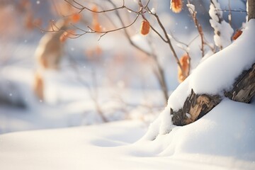 bird footprints around a snow-covered bush - obrazy, fototapety, plakaty
