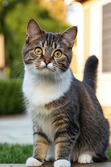 Naklejka na ściany i meble American Wirehair cat sits on long green grass. Generative AI