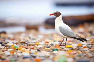 shiny and colorful sea glass near a gull on a pebbled shore