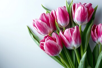 Fototapeta premium Bouquet of pink tulips on a light background. Holiday card.
