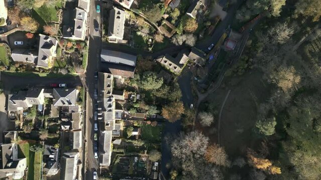 UK Village Street Birds-Eye-View Autumn North Cotswold Aerial Overhead
