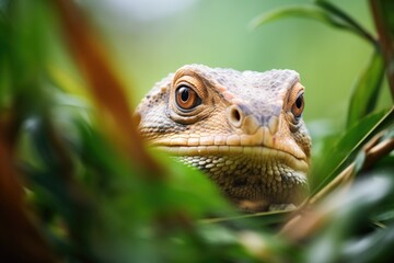 Obraz premium monitor lizard peering from behind leafy branches