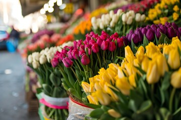 Colorful bouquets of tulips on the stand in the flower shop. Showcase. Floral shop and delivery concept. Flowers market on the street. Many tulips flowers growing in pots for sale in florist's shop. - obrazy, fototapety, plakaty