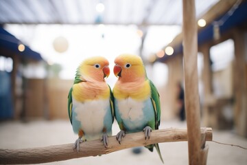 lovebirds on a sand-coated perch in an aviary