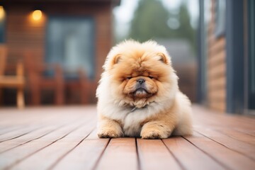 fluffy pup on wooden deck