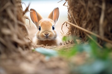 rabbit inside burrow peering out