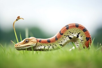 side view of rattlesnake stalking a hamster in grass