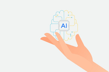 Businessman’s hand touch or show on virtual AI brain or computer chip by artificial intelligence technology concept. Ai circuit line for machine learning.
