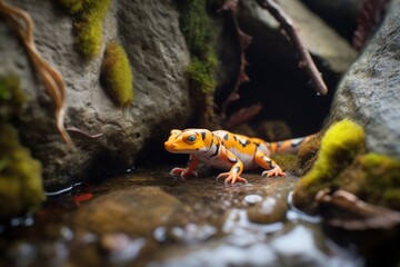 Obraz na płótnie Canvas salamander resting in a rocky alcove by a stream
