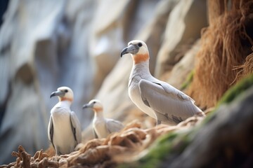 fulmars nestled on a sloping cliff by the surf
