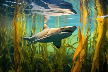 shark navigating through kelp forest waters