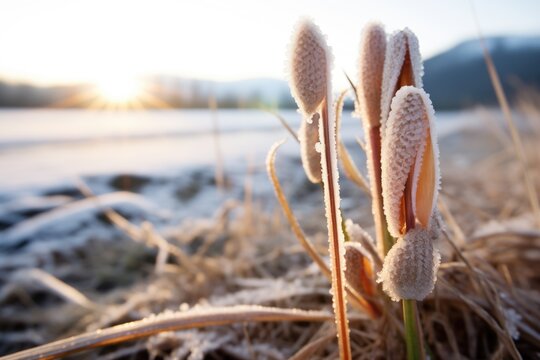 early morning frost on snowshoe tracks beside a frozen cattail cluster