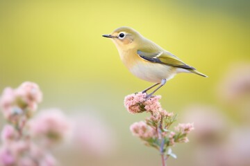 Fototapeta premium warbler perched atop a sprig of heather flowers