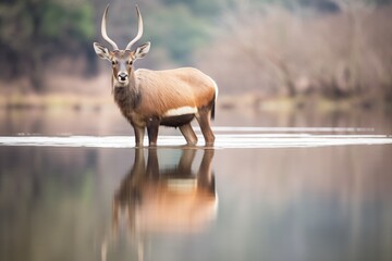 lone waterbuck reflected in calm water