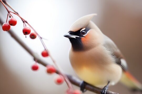 waxwing with fluffed feathers holding a berry