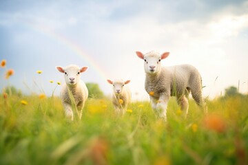 lambs in a meadow with a rainbow