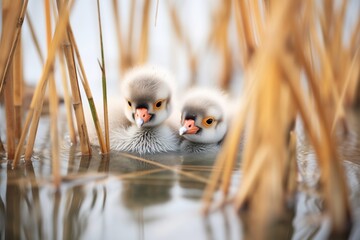 cygnets nestled in reeds at waterside