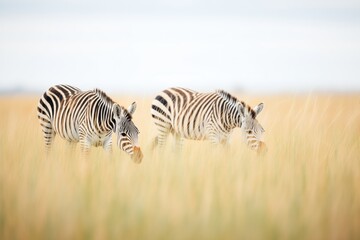 zebras in a line nibbling on grass