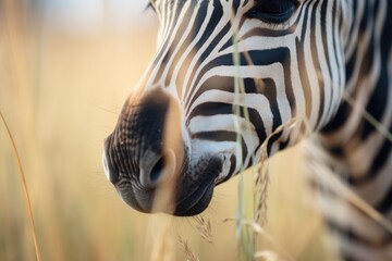 close-up of zebra muzzle and grass