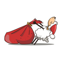 Ram Animal Santa Icon Concept Isolated Premium Vector. Flat Cartoon Style. Sheep with red sack  on white background.