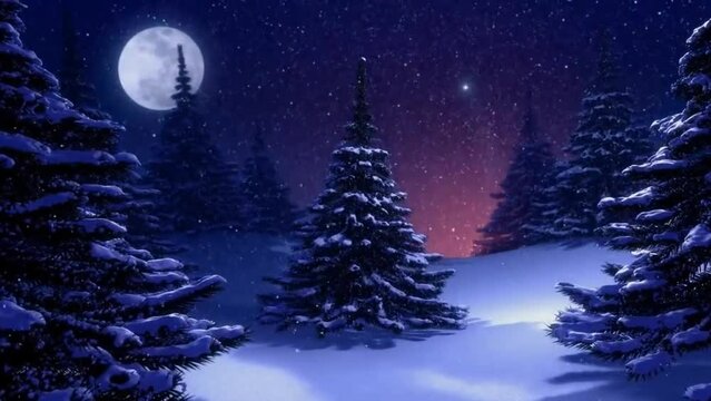 christmas tree in snow, dark moon night 